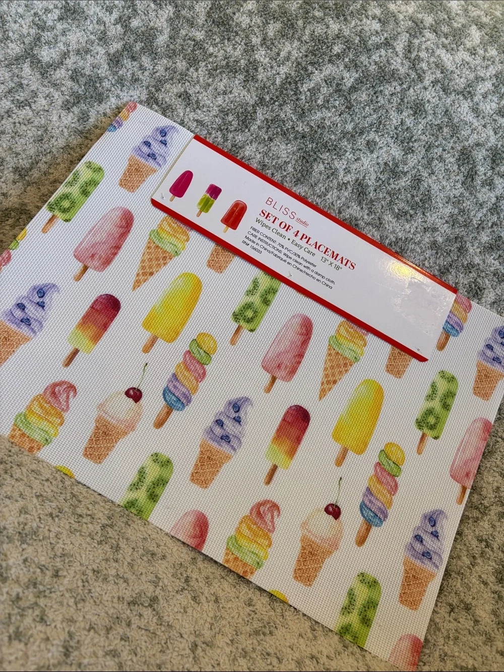 Ice Cream Popsicle Placemat Set of 4 NWT Bliss Studio 13x18” pvc polyester